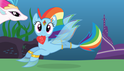 Size: 11200x6400 | Tagged: safe, artist:parclytaxel, derpibooru import, queen novo, rainbow dash, fish, seapony (g4), my little pony: the movie, .svg available, absurd resolution, ain't never had friends like us, armband, ask, cave, city, duo, fins, gem, genie, heart, jewelry, kelp, looking at you, mermaidized, mouth hold, ocean, seaponified, seapony rainbow dash, species swap, starfish, tumblr, underwater, valentine, valentine's day, vector