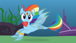 Size: 11200x6400 | Tagged: safe, artist:parclytaxel, derpibooru import, rainbow dash, fish, merpony, pegasus, pony, .svg available, absurd resolution, ain't never had friends like us, armband, cave, city, fins, gem, genie, heart, jewelry, kelp, looking at you, mermaidized, mouth hold, ocean, solo, starfish, underwater, valentine, valentine's day, vector