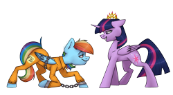 Size: 1304x720 | Tagged: safe, artist:chibadeer, derpibooru import, rainbow dash, twilight sparkle, twilight sparkle (alicorn), alicorn, pegasus, pony, bound wings, bow, chains, clothes, commission, crown, cuffs, female, jewelry, lesbian, prison outfit, prisoner rd, regalia, shackles, shipping, simple background, smiling, smug, transparent background, twidash