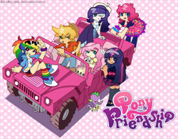 Size: 1532x1200 | Tagged: safe, artist:kleekay423, derpibooru import, angel bunny, applejack, fluttershy, pinkie pie, rainbow dash, rarity, spike, twilight sparkle, human, anime, car, clothes, crossover, female, hat, humanized, humvee, light skin, looking at you, mane seven, mane six, moderate dark skin, one eye closed, open mouth, panty and stocking with garterbelt, parody, smiling, style emulation, wink
