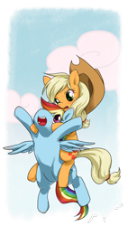 Size: 644x1130 | Tagged: safe, artist:sa_eku, derpibooru import, applejack, rainbow dash, earth pony, pegasus, pony, flying, happy, hat, open mouth, pixiv, ponies riding ponies, riding, smiling, worried