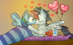 Size: 828x512 | Tagged: safe, artist:art3cakepony, derpibooru import, rainbow dash, soarin', pegasus, pony, balloon, blanket, female, heart, kissing, male, shipping, soarindash, spread wings, straight, valentine's day, wingboner