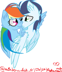 Size: 1024x1175 | Tagged: safe, artist:alyshamougammadou, derpibooru import, rainbow dash, soarin', pegasus, pony, female, hug, male, shipping, soarindash, straight, winghug