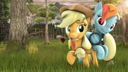 Size: 4000x2250 | Tagged: safe, artist:redaceofspades, derpibooru import, applejack, rainbow dash, earth pony, pegasus, pony, 3d, appledash, female, flower, goggles, lesbian, rose, shipping, source filmmaker, tree