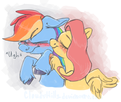 Size: 3080x2600 | Tagged: safe, artist:cloudyhills, derpibooru import, fluttershy, rainbow dash, pegasus, pony, blushing, female, flutterdash, kissing, lesbian, shipping, tsunderainbow, tsundere, unshorn fetlocks