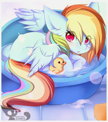 Size: 2660x2991 | Tagged: safe, artist:teranen, derpibooru import, rainbow dash, pegasus, pony, bath, colored pupils, cute, dashabetes, eye clipping through hair, female, looking at you, mare, rubber duck, solo