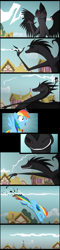 Size: 945x3924 | Tagged: safe, artist:culu-bluebeaver, derpibooru import, rainbow dash, oc, oc:plague, pegasus, pony, comic:the six-winged serpent, claws, comic, element of loyalty, female, flying, lightning, mare, one eye closed, ponyville, red and black oc, smiling, wink