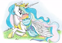 Size: 6100x4280 | Tagged: safe, artist:celestial-rainstorm, derpibooru import, edit, princess celestia, rainbow dash, alicorn, pegasus, pony, absurd resolution, crown, dashlestia, female, happy, hug, jewelry, lesbian, peytral, regalia, shipping, smiling, traditional art, winghug