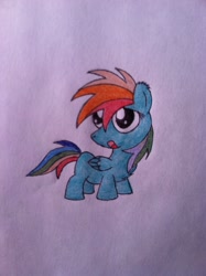 Size: 1936x2592 | Tagged: safe, artist:pizzamovies, derpibooru import, rainbow dash, pegasus, pony, chibi, cute, ear fluff, sad eyes, solo, traditional art, upset