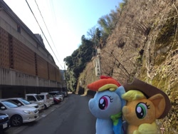 Size: 1280x960 | Tagged: safe, artist:setorin5, artist:traveling-ponies, derpibooru import, applejack, rainbow dash, 4de, car, irl, japan, photo, plushie, ponies around the world, ruins