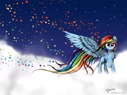 Size: 2048x1536 | Tagged: safe, artist:altohearts, rainbow dash, pegasus, pony, cloud, cloudy, long mane, long tail, solo, windswept mane