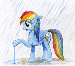 Size: 640x562 | Tagged: safe, artist:el-yeguero, rainbow dash, pegasus, pony, color loss, melting, rain, solo, traditional art, water soluble, wet mane