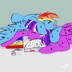 Size: 900x900 | Tagged: safe, artist:artmagic15, derpibooru import, rainbow dash, twilight sparkle, twilight sparkle (alicorn), alicorn, pegasus, pony, book, drool, eyes closed, female, inkwell, lesbian, mare, open mouth, pony pillow, shipping, simple background, sleeping, snuggling, twidash