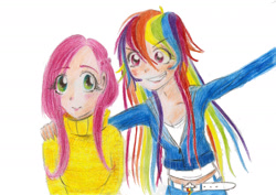 Size: 1660x1176 | Tagged: safe, artist:pj-2, fluttershy, rainbow dash, human, clothes, humanized, midriff, sweatershy