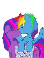 Size: 600x800 | Tagged: safe, artist:artmagic15, derpibooru import, rainbow dash, twilight sparkle, pegasus, pony, blushing, female, fluffy, kissing, lesbian, shipping, sign, twidash