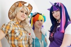 Size: 2048x1366 | Tagged: safe, artist:burloire, artist:positori, artist:rose0fmay, derpibooru import, applejack, rainbow dash, twilight sparkle, human, cosplay, irl, irl human, photo