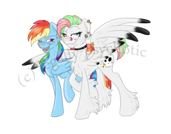 Size: 2300x1800 | Tagged: safe, artist:legally-psychotic, derpibooru import, rainbow dash, oc, oc:stained glass, pegasus, pony, canon x oc, colored wings, colored wingtips, ear piercing, female, lesbian, mare, nose piercing, piercing, shipping, simple background, transparent background, unshorn fetlocks, wing piercing