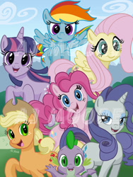 Size: 675x900 | Tagged: safe, artist:aj moore, derpibooru import, applejack, fluttershy, pinkie pie, rainbow dash, rarity, spike, twilight sparkle, dragon, earth pony, pegasus, pony, unicorn, action poster, mane seven, mane six