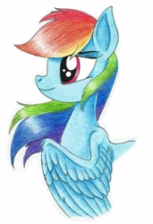 Size: 3520x5152 | Tagged: safe, artist:celestial-rainstorm, derpibooru import, rainbow dash, pegasus, pony, absurd resolution, bust, portrait, simple background, solo, traditional art, white background, windswept mane