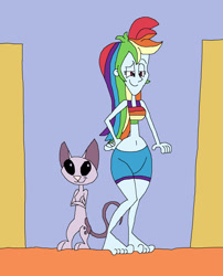 Size: 1629x2013 | Tagged: safe, artist:hunterxcolleen, derpibooru import, rainbow dash, equestria girls, agrabah, belly button, bikini, bikini top, clothes, crossover, feet, kid vs kat, midriff, mr.kat, shorts, street, swimsuit