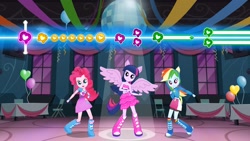 Size: 2048x1153 | Tagged: safe, derpibooru import, pinkie pie, rainbow dash, twilight sparkle, equestria girls, balloon, boots, dancing, disco ball, fall formal outfits, game, gameloft, high heel boots, official, streamers