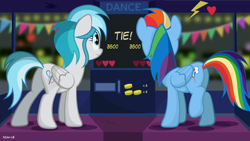 Size: 1920x1080 | Tagged: safe, artist:noah-x3, derpibooru import, rainbow dash, oc, oc:lesa castle, pegasus, pony, arcade, dance dance revolution, female, mare, raised leg, rhythm game