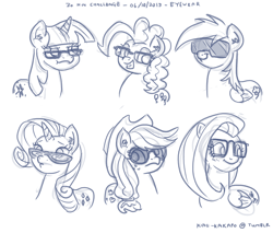 Size: 1280x1092 | Tagged: safe, artist:king-kakapo, derpibooru import, applejack, fluttershy, pinkie pie, rainbow dash, rarity, twilight sparkle, earth pony, pegasus, pony, unicorn, 30 minute art challenge, glasses, mane six