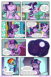 Size: 1024x1536 | Tagged: safe, artist:yogfan, derpibooru import, rainbow dash, starlight glimmer, twilight sparkle, twilight sparkle (alicorn), alicorn, pegasus, pony, comic:but i do now, book, comic, magic, moon, night