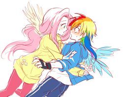 Size: 1128x899 | Tagged: safe, artist:megarexetera, fluttershy, rainbow dash, human, blushing, eye contact, falling, female, flutterdash, hug, humanized, lesbian, open mouth, shipping, sketch, tackle, winged humanization