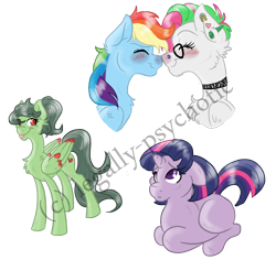 Size: 1356x1281 | Tagged: safe, artist:legally-psychotic, derpibooru import, rainbow dash, twilight sparkle, oc, oc:stained glass, oc:windsong, pegasus, pony, blushing, bust, canon x oc, choker, ear piercing, female, glasses, hair over one eye, lesbian, mare, nuzzling, piercing, portrait, prone, shipping, simple background, tongue out, transparent background