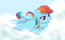 Size: 1600x1000 | Tagged: safe, artist:theroyalprincesses, derpibooru import, rainbow dash, pegasus, pony, cloud, female, lidded eyes, lip bite, mare, prone, solo