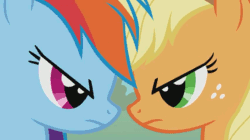 Size: 1024x575 | Tagged: safe, derpibooru import, screencap, applejack, rainbow dash, earth pony, pegasus, pony, fall weather friends, animated, tongue out