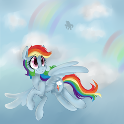 Size: 6500x6500 | Tagged: safe, artist:appleychu, derpibooru import, rainbow dash, pegasus, pony, absurd resolution, cloud, flying, looking away, looking up, rainbow, sky, smiling, solo, spread wings