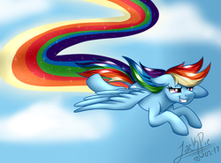 Size: 1820x1350 | Tagged: safe, artist:jack-pie, derpibooru import, rainbow dash, pegasus, pony, flying, signature, smiling, solo, trail, wings