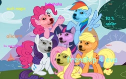 Size: 1024x640 | Tagged: safe, artist:zoiby, derpibooru import, edit, applejack, fluttershy, pinkie pie, rainbow dash, rarity, twilight sparkle, earth pony, pegasus, pony, unicorn, doge, mane six, meme