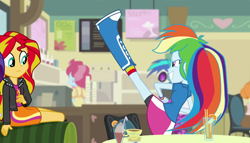 Size: 1904x1090 | Tagged: safe, derpibooru import, screencap, cup cake, dj pon-3, rainbow dash, rarity, scribble dee, sunset shimmer, vinyl scratch, equestria girls, rainbow rocks, boots, clothes, compression shorts, cup, cute, drink, food, heart, jacket, kick, kicking, leather jacket, milkshake, orange, skirt, skirt lift, socks, teacup, wristband