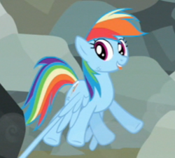 Size: 369x333 | Tagged: safe, derpibooru import, screencap, rainbow dash, pegasus, pony, may the best pet win, flying, great moments in animation, solo, tongue out, wings