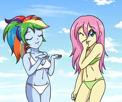 Size: 3507x2952 | Tagged: safe, artist:sumin6301, derpibooru import, fluttershy, rainbow dash, equestria girls, alternate hairstyle, belly button, bikini, bra, clothes, cloud, eyes closed, female, flutterdash, green swimsuit, lesbian, looking at you, panties, shipping, sky, swimsuit, underwear, white swimsuit