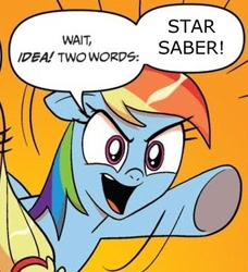 Size: 334x366 | Tagged: safe, rainbow dash, earth pony, pegasus, pony, g1, blonde mane, blue coat, blue wings, dialogue, exploitable meme, female, mare, meme, multicolored hair, open mouth, orange background, raised hoof, raised leg, simple background, smiling, speech bubble, star saber, transformers, transformers victory, two words meme, underhoof, wings