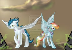 Size: 1024x717 | Tagged: safe, artist:petrinox, rainbow dash, soarin', pegasus, pony, bruised, soarindash, watermark