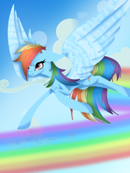 Size: 1600x2133 | Tagged: safe, artist:rdfandrawer102, derpibooru import, rainbow dash, pegasus, pony, female, flying, rainbow, sky, solo