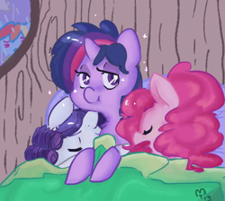 Size: 500x448 | Tagged: safe, artist:mt, derpibooru import, pinkie pie, rainbow dash, rarity, twilight sparkle, earth pony, pegasus, pony, unicorn, alternate hairstyle, bed, cute, diapinkes, eyes closed, female, lesbian, looking at you, mare, polyamory, rarilight, rarilightpie, raripie, shipping, sleeping, sleepover, spying, twinkie