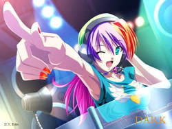 Size: 1024x768 | Tagged: safe, color edit, rainbow dash, human, disc jockey, headphones, humanized, lamp, nail polish, nightclub, rave