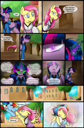 Size: 1280x1947 | Tagged: safe, artist:stuflox, derpibooru import, fluttershy, rainbow dash, twilight sparkle, twilight sparkle (alicorn), alicorn, pegasus, pony, comic:the count of monte rainbow, clothes, comic, crying, dark magic, dress, hug, magic, mondego, monsparkle, rainbow dantes, shycedes, the count of monte cristo, the count of monte rainbow