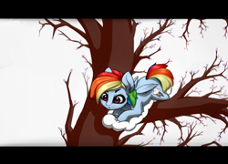 Size: 2500x1800 | Tagged: safe, artist:limchph2, derpibooru import, rainbow dash, pegasus, pony, cloud, looking at something, looking down, simple background, solo, tree, tree branch