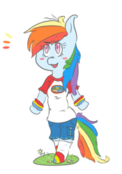 Size: 700x1000 | Tagged: safe, artist:jodi sli, derpibooru import, rainbow dash, pegasus, pony, semi-anthro, clothes, happy, simple background, solo