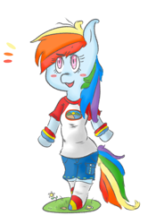 Size: 700x1000 | Tagged: safe, artist:jodi sli, derpibooru import, edit, rainbow dash, pegasus, pony, semi-anthro, blush sticker, blushing, clothes, happy, shade, shirt, simple background, solo, t-shirt, white background, wristband