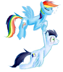 Size: 700x800 | Tagged: safe, artist:silvy-fret, rainbow dash, soarin', pegasus, pony, dragging, female, flying, male, shipping, simple background, sleeping, sleeping while flying, sleepwalking, soarindash, straight, transparent background