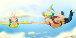Size: 2400x1200 | Tagged: safe, artist:captainpudgemuffin, fluttershy, rainbow dash, human, air ponyville, falling, holding hands, humanized, parachute, skydiving