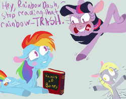 Size: 845x666 | Tagged: safe, artist:sugaryboogary, derpy hooves, rainbow dash, twilight sparkle, pegasus, pony, book, dialogue, female, hilarious in hindsight, mare, rainbow trash